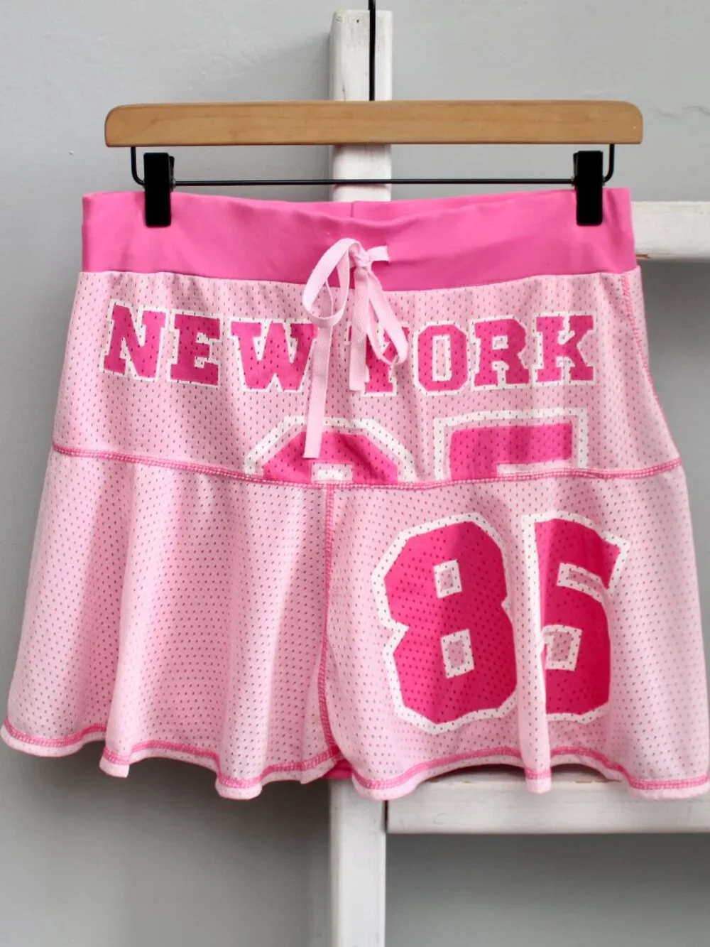 Jazzie Vintage Y2K New York 85 Pink White Mesh Jersey Mini Skirt Size Large - Picture 1 of 3